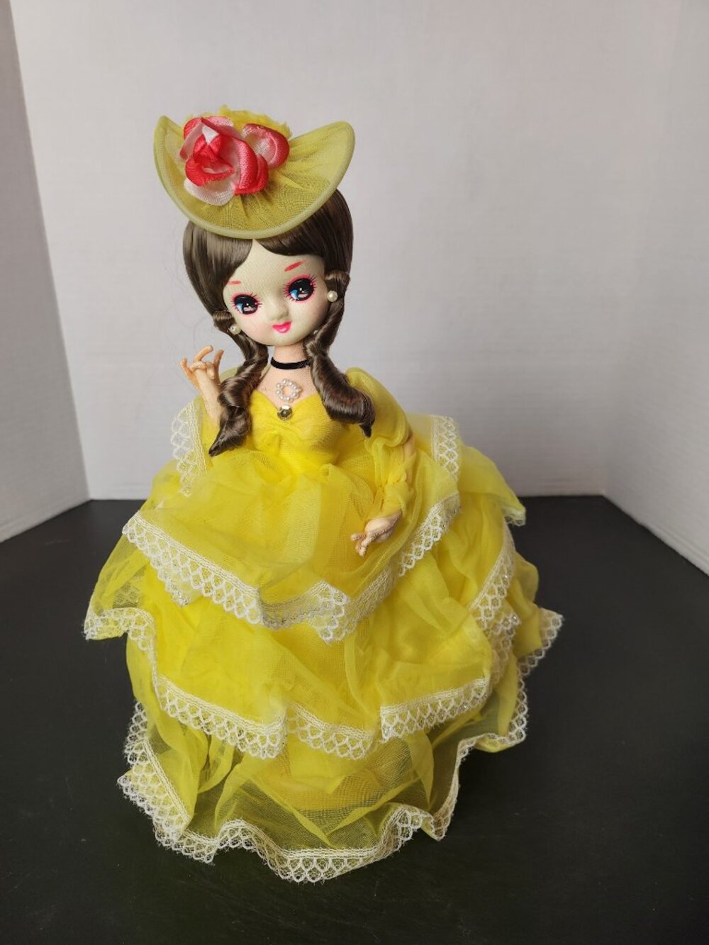 Vintage Bradley Style Big Eye Doll Made in Korea Yellow Gown Rose Hat 11"